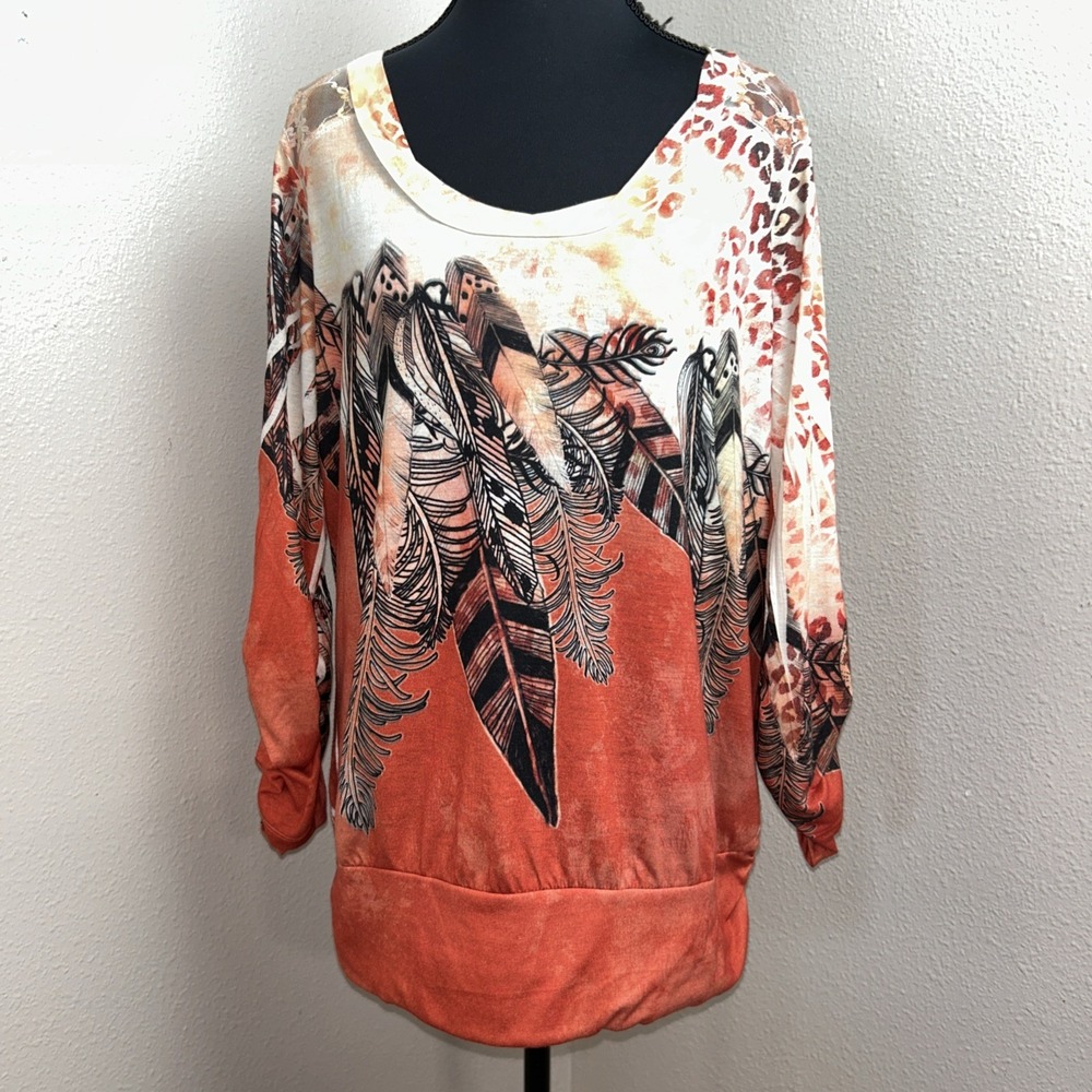 Believe‎ In Yourself Blouse Women's Large Multicolor Fall Feathers Lace Boho